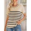 imageSHEWIN Womens Tops Trendy Casual Short Sleeve Shirts Crewneck Lightweight Knit Sweater TopApricot and Black Stripe