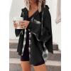 imageSHEWIN Womens Waffle Knit Plaid Shacket Boyfriend Button Down Shirt Hooded Jacket Loose Long Sleeve TopsB Black