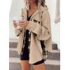 imageSHEWIN Womens Waffle Knit Plaid Shacket Boyfriend Button Down Shirt Hooded Jacket Loose Long Sleeve TopsB Khaki