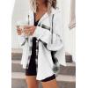 imageSHEWIN Womens Waffle Knit Plaid Shacket Boyfriend Button Down Shirt Hooded Jacket Loose Long Sleeve TopsB White