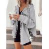 imageSHEWIN Womens Waffle Knit Plaid Shacket Boyfriend Button Down Shirt Hooded Jacket Loose Long Sleeve TopsC Grey