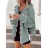 imageSHEWIN Womens Waffle Knit Plaid Shacket Boyfriend Button Down Shirt Hooded Jacket Loose Long Sleeve TopsC Light Blue