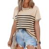 imageSHEWIN Womens Tops Trendy Casual Short Sleeve Shirts Crewneck Lightweight Knit Sweater TopApricot and Black Stripe