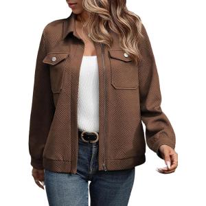 imageSHEWIN Jackets for Women Fall Fashion 2024 Casual Zip Up Shacket Jacket Lightweight Long Sleeve Shirts TopsBrown