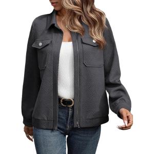 imageSHEWIN Jackets for Women Fall Fashion 2024 Casual Zip Up Shacket Jacket Lightweight Long Sleeve Shirts TopsDark Grey
