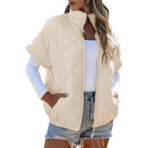 imageSHEWIN Quilted Jackets For Women 2024 Casual Lightweight Short Sleeve Zip Up Warm VestsBeige