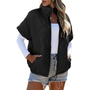 imageSHEWIN Quilted Jackets For Women 2024 Casual Lightweight Short Sleeve Zip Up Warm VestsBlack