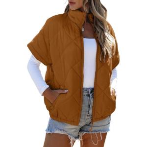 imageSHEWIN Quilted Jackets For Women 2024 Casual Lightweight Short Sleeve Zip Up Warm VestsCoffee