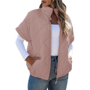 imageSHEWIN Quilted Jackets For Women 2024 Casual Lightweight Short Sleeve Zip Up Warm VestsPink