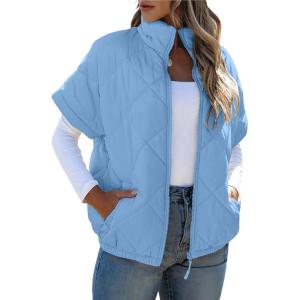 imageSHEWIN Quilted Jackets For Women 2024 Casual Lightweight Short Sleeve Zip Up Warm VestsSky Blue