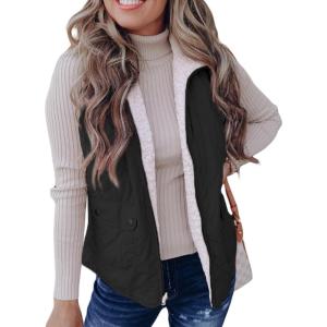 imageSHEWIN Women Puffer Vest Casual Stand Collar Sleeveless Puffer Jacket Warm Winter Reversible Zip Up Outerwear with PocketsBlack