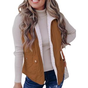 imageSHEWIN Women Puffer Vest Casual Stand Collar Sleeveless Puffer Jacket Warm Winter Reversible Zip Up Outerwear with PocketsBrown