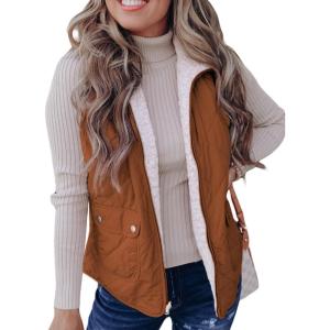 imageSHEWIN Women Puffer Vest Casual Stand Collar Sleeveless Puffer Jacket Warm Winter Reversible Zip Up Outerwear with PocketsDark Brown