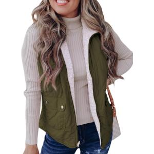 imageSHEWIN Women Puffer Vest Casual Stand Collar Sleeveless Puffer Jacket Warm Winter Reversible Zip Up Outerwear with PocketsDark Green