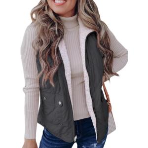 imageSHEWIN Women Puffer Vest Casual Stand Collar Sleeveless Puffer Jacket Warm Winter Reversible Zip Up Outerwear with PocketsDark Grey