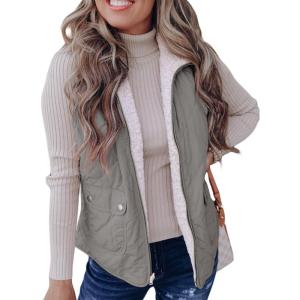imageSHEWIN Women Puffer Vest Casual Stand Collar Sleeveless Puffer Jacket Warm Winter Reversible Zip Up Outerwear with PocketsLight Grey