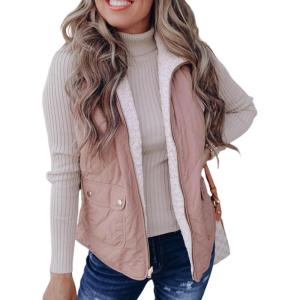 imageSHEWIN Women Puffer Vest Casual Stand Collar Sleeveless Puffer Jacket Warm Winter Reversible Zip Up Outerwear with PocketsPink