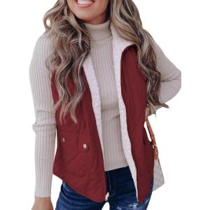 imageSHEWIN Women Puffer Vest Casual Stand Collar Sleeveless Puffer Jacket Warm Winter Reversible Zip Up Outerwear with PocketsRed