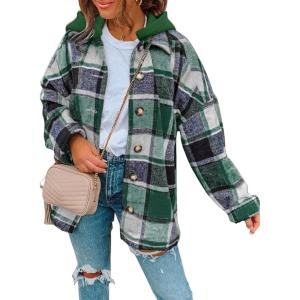 imageSHEWIN Womens Long Sleeve Button Down Plaid Shirts Flannel Hooded Shacket Jacket Hoodie CoatsB Green