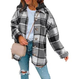 imageSHEWIN Womens Long Sleeve Button Down Plaid Shirts Flannel Hooded Shacket Jacket Hoodie CoatsB Grey