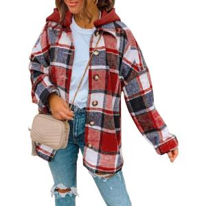 imageSHEWIN Womens Long Sleeve Button Down Plaid Shirts Flannel Hooded Shacket Jacket Hoodie CoatsB Red