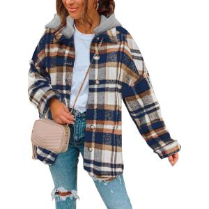 imageSHEWIN Womens Long Sleeve Button Down Plaid Shirts Flannel Hooded Shacket Jacket Hoodie CoatsB1 Multicolor