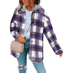 imageSHEWIN Womens Long Sleeve Button Down Plaid Shirts Flannel Hooded Shacket Jacket Hoodie CoatsB1 Purple