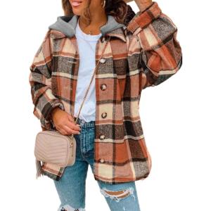 imageSHEWIN Womens Long Sleeve Button Down Plaid Shirts Flannel Hooded Shacket Jacket Hoodie CoatsC Orange