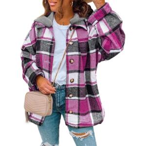 imageSHEWIN Womens Long Sleeve Button Down Plaid Shirts Flannel Hooded Shacket Jacket Hoodie CoatsC Purple