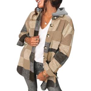 imageSHEWIN Womens Long Sleeve Button Down Plaid Shirts Flannel Hooded Shacket Jacket Hoodie CoatsD Khaki