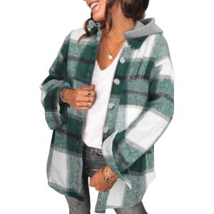 imageSHEWIN Womens Long Sleeve Button Down Plaid Shirts Flannel Hooded Shacket Jacket Hoodie CoatsD Light Green