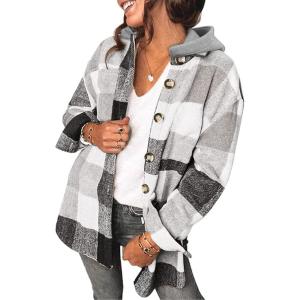 imageSHEWIN Womens Long Sleeve Button Down Plaid Shirts Flannel Hooded Shacket Jacket Hoodie CoatsD Light Grey