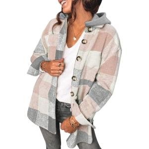 imageSHEWIN Womens Long Sleeve Button Down Plaid Shirts Flannel Hooded Shacket Jacket Hoodie CoatsD Pink
