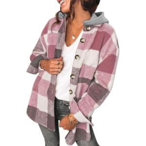 imageSHEWIN Womens Long Sleeve Button Down Plaid Shirts Flannel Hooded Shacket Jacket Hoodie CoatsD Rose
