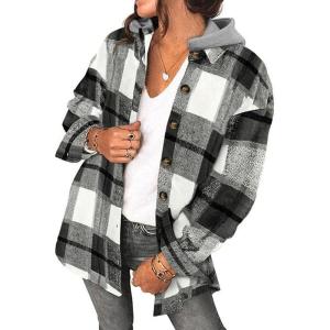 imageSHEWIN Womens Long Sleeve Button Down Plaid Shirts Flannel Hooded Shacket Jacket Hoodie CoatsD1 Black