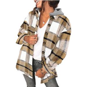 imageSHEWIN Womens Long Sleeve Button Down Plaid Shirts Flannel Hooded Shacket Jacket Hoodie CoatsD1 Brown