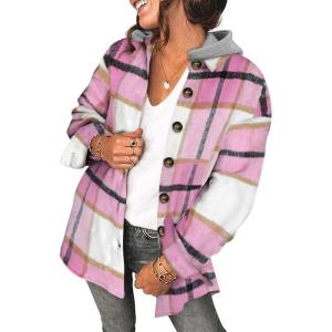 imageSHEWIN Womens Long Sleeve Button Down Plaid Shirts Flannel Hooded Shacket Jacket Hoodie CoatsD1 Deep Pink