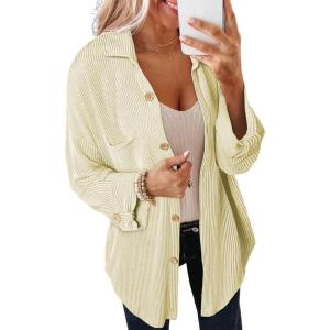 imageSHEWIN Womens Shacket Casual Long Sleeve Button Down Shirts Loose Boyfriend Shirt Jackets TopsB Beige