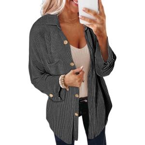 imageSHEWIN Womens Shacket Casual Long Sleeve Button Down Shirts Loose Boyfriend Shirt Jackets TopsB Black