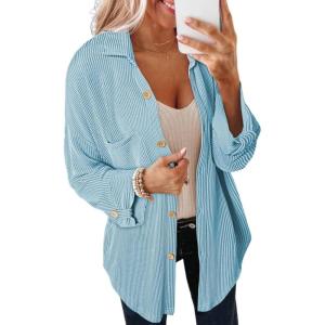 imageSHEWIN Womens Shacket Casual Long Sleeve Button Down Shirts Loose Boyfriend Shirt Jackets TopsB Blue