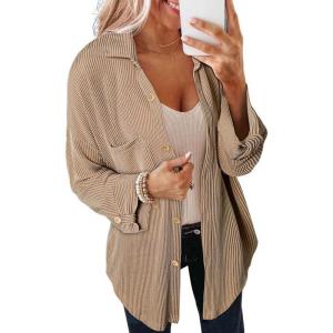 imageSHEWIN Womens Shacket Casual Long Sleeve Button Down Shirts Loose Boyfriend Shirt Jackets TopsB Khaki