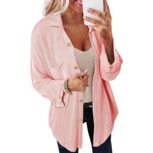 imageSHEWIN Womens Shacket Casual Long Sleeve Button Down Shirts Loose Boyfriend Shirt Jackets TopsB Pink