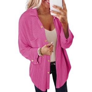 imageSHEWIN Womens Shacket Casual Long Sleeve Button Down Shirts Loose Boyfriend Shirt Jackets TopsD Hot Pink