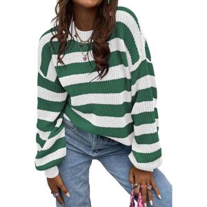 imageSHEWIN Womens Sweaters 2024 Casual Long Sleeve Crewneck Color Block Striped Knit Lightweight Pullover Sweater TopsDark Green Stripe