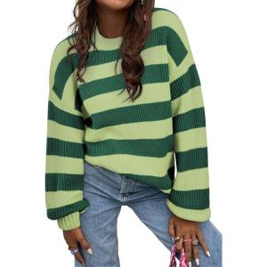 imageSHEWIN Womens Sweaters 2024 Casual Long Sleeve Crewneck Color Block Striped Knit Lightweight Pullover Sweater TopsGreen Stripe
