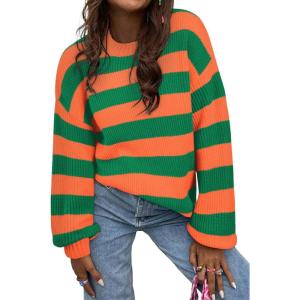 imageSHEWIN Womens Sweaters 2024 Casual Long Sleeve Crewneck Color Block Striped Knit Lightweight Pullover Sweater TopsOrange Stripe