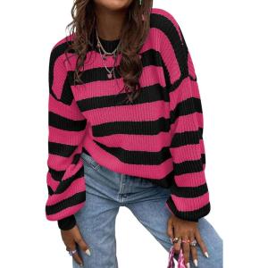 imageSHEWIN Womens Sweaters 2024 Casual Long Sleeve Crewneck Color Block Striped Knit Lightweight Pullover Sweater TopsPink Stripe