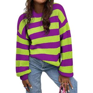 imageSHEWIN Womens Sweaters 2024 Casual Long Sleeve Crewneck Color Block Striped Knit Lightweight Pullover Sweater TopsPurple Stripe