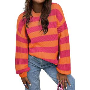 imageSHEWIN Womens Sweaters 2024 Casual Long Sleeve Crewneck Color Block Striped Knit Lightweight Pullover Sweater TopsRose Stripe