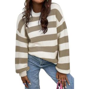 imageSHEWIN Womens Sweaters 2024 Casual Long Sleeve Crewneck Color Block Striped Knit Lightweight Pullover Sweater TopsWhite Stripe